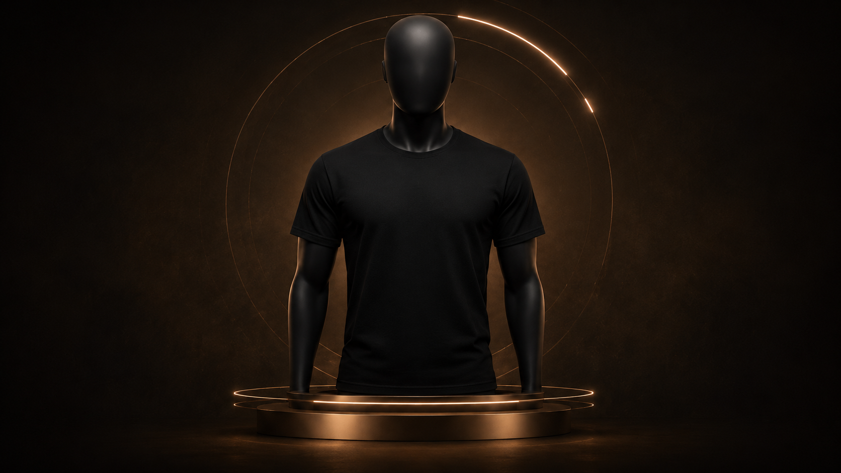 Manequim com camisa preta em pedestal iluminado, base para personalização