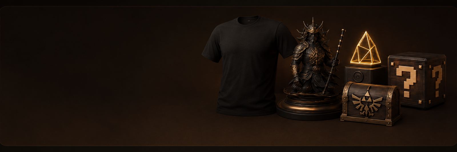 Coleção geek: camisa, estátua samurai, baú e itens colecionáveis