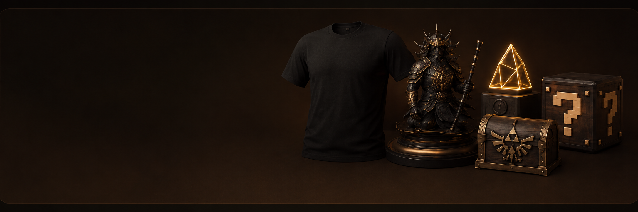 Coleção geek: camisa, estátua samurai, baú e itens colecionáveis